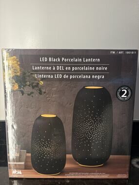 Evergreen LED Black Porcelain Lantern - Set Of 2